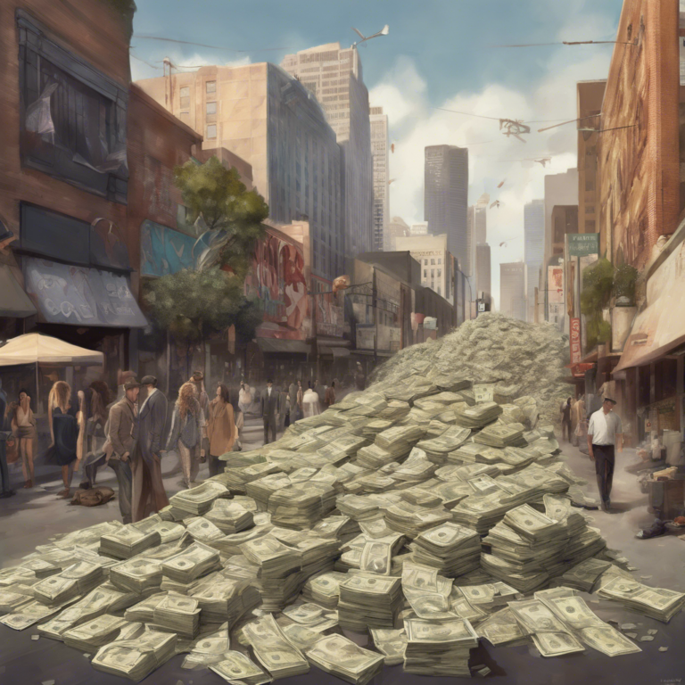 Los Angeles Fashion District flooded with piles of cash.